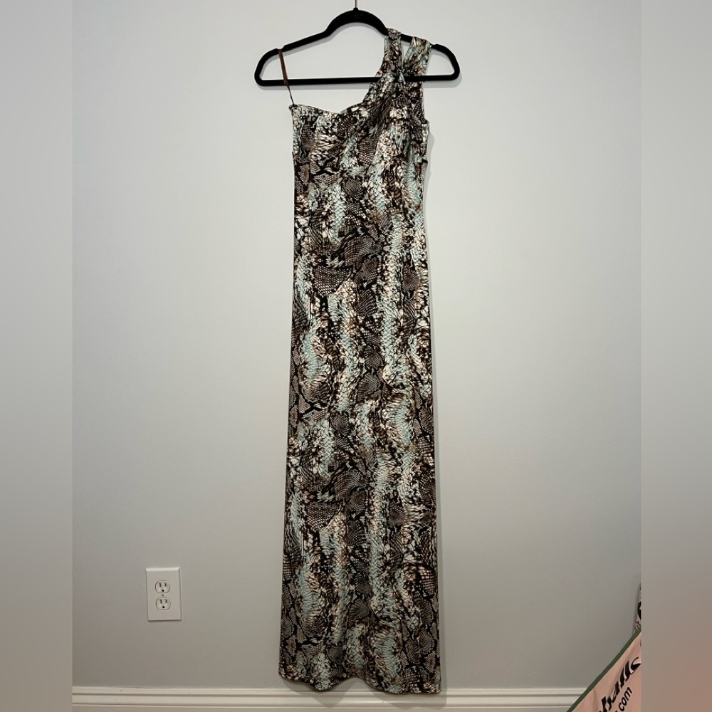 Caché Y2K One Shoulder Brown, Blue, Black, Cream Snake Print Full Length Dress
